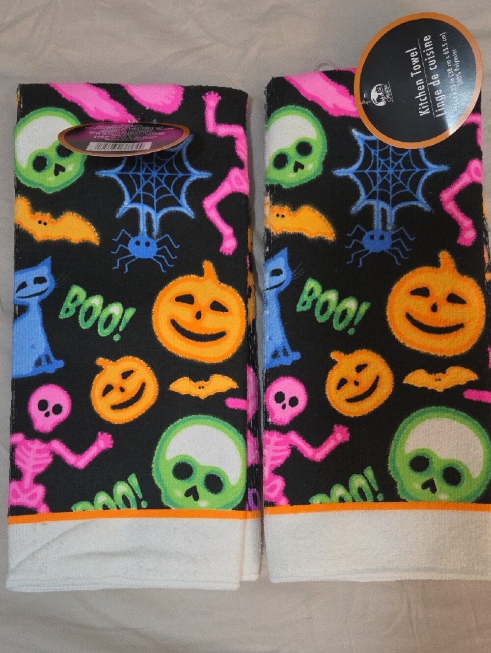 Halloween Kitchen Set 5 Pc NWT Oven Mitt Pot Holders Towels Black Neon - Picture 6 of 7